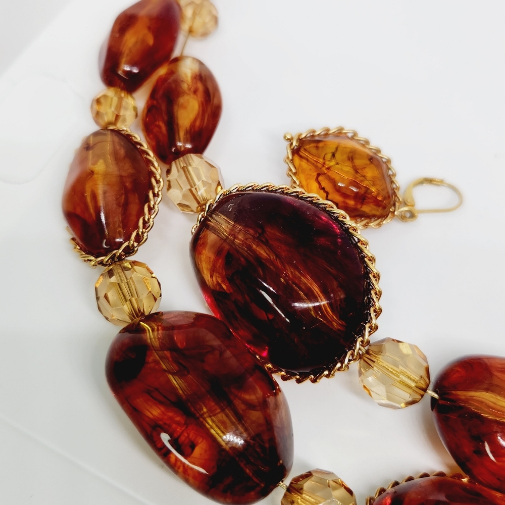 Joan Rivers Chunky Lucite Faux Amber Heavy Statement Necklace And Earring Set - Picture 5 of 11